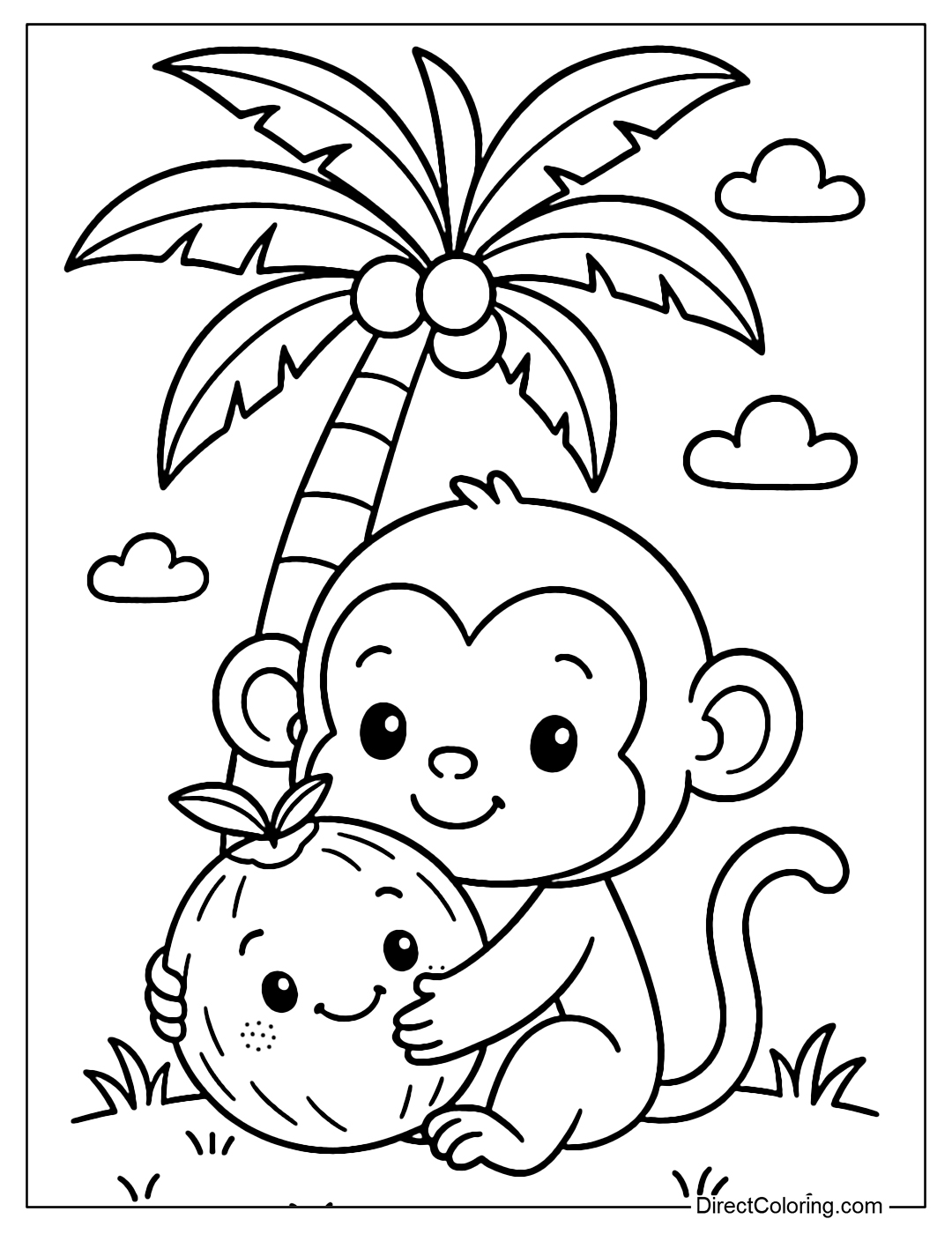 A little monkey coloring page holding a coconut, sitting under the cool shade of a coconut tree.